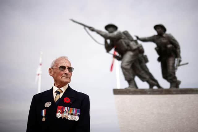 Veteran David Mylchreest, 97, poses before the official opening ceremony of the British Normandy Memorial at Ver-sur-Mer in France on the anniversary of the D-Day landings