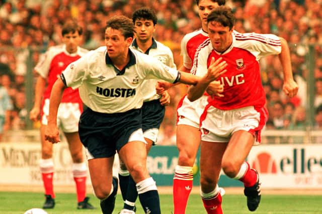 Tottenham's Gary Lineker races away from Arsenal's David O'Leary during the 1991 Charity Shield match.