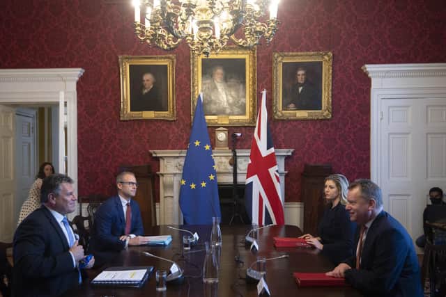 Brexit minister Lord Frost, flanked by Paymaster General Penny Mordaunt, sitting opposite European Commission vice president Maros Sefcovic, who is flanked by Principal Adviser, Service for the EU-UK Agreements (UKS) Richard Szostak, as he chairs the first EU-UK partnership council at Admiralty House in London.