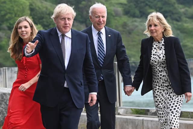(Left to right) Carrie Johnson, Prime Minister Boris Johnson, US President Joe Biden and First Lady Jill Biden walk outside Carbis Bay Hotel, Carbis Bay, Cornwall, ahead of the G7 summit in Cornwall. Picture date: Thursday June 10, 2021. PA Photo.