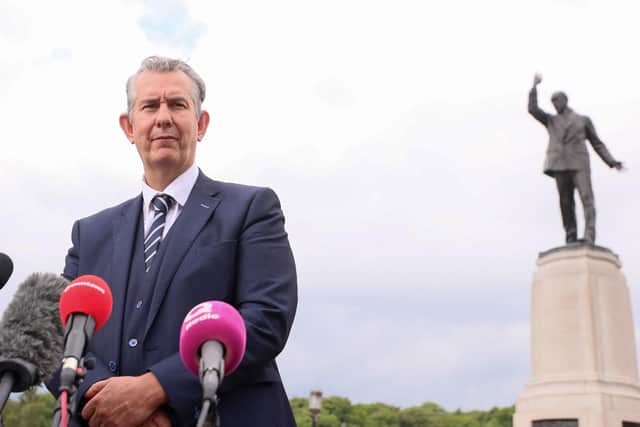 DUP leader Edwin Poots speaks to the press at Carson's statue in the grounds of Stormont. 

Picture by Jonathan Porter/PressEye