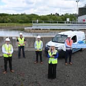Stephen Flynn RPS, Sean McAuley, Ciaran Nicell,  NI Water, Professor Adele Marshall Advanced Analytics, Neil McKenzie Lagan MEICA and Martin McCartan from Analytics Engines get to work on innovation and efficiencies in the water and wastewater treatment process