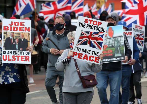An anti-Northern Ireland Protocol rally on Thursday night. 

The march began at Woodvale Park and culminated behind Shankill Leisure Centre.