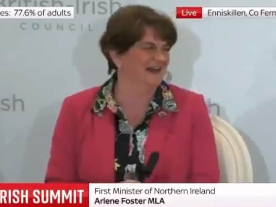Outgoing First Minister, Arlene Foster, pictured singing 'That's Life' at British Irish Summit.