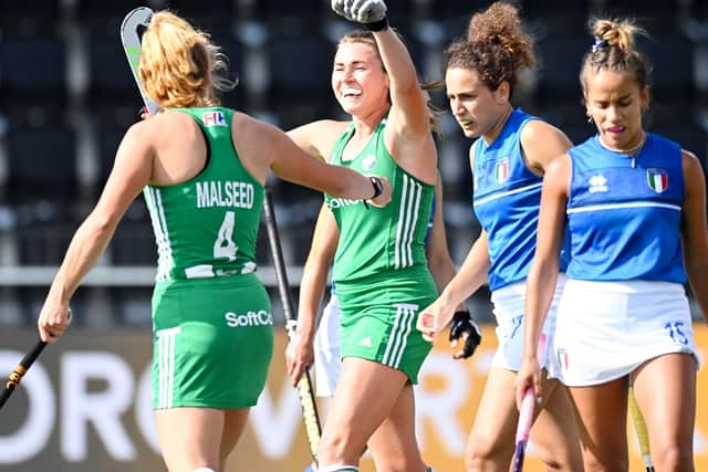 Ireland's Deirdre Duke celebrates the 3-0 with Zara Malseed.