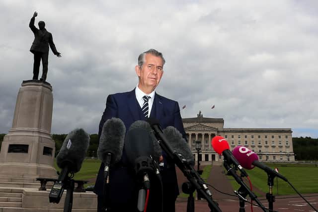 DUP leader Edwin Poots at Carson's statue in Stormont after his meeting with Secretary of State Brandon Lewis on Thursday. Sinn Fein “do not believe” Mr Poots will deliver on the Irish language act. 

Picture by Jonathan Porter/PressEye