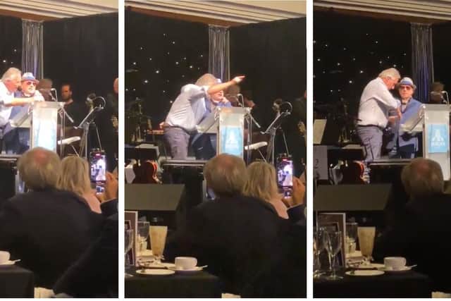 Screengrabs of Ian Paisley taking the stage with Van Morrison