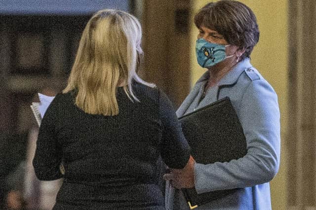 Northern Ireland First Minister Arlene Foster (right) with Deputy First Minister Michelle O'Neill, arriving at the Stormont Assembly at Parliament Buildings in Belfast to deliver her resignation speech. Photo: Liam McBurney/PA Wire