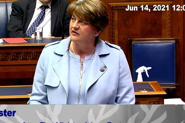 Arlene Foster formally announcing her resignation as First Minister in the chamber of the NI Assembly at Parliament Buildings, Stormont, Belfast.