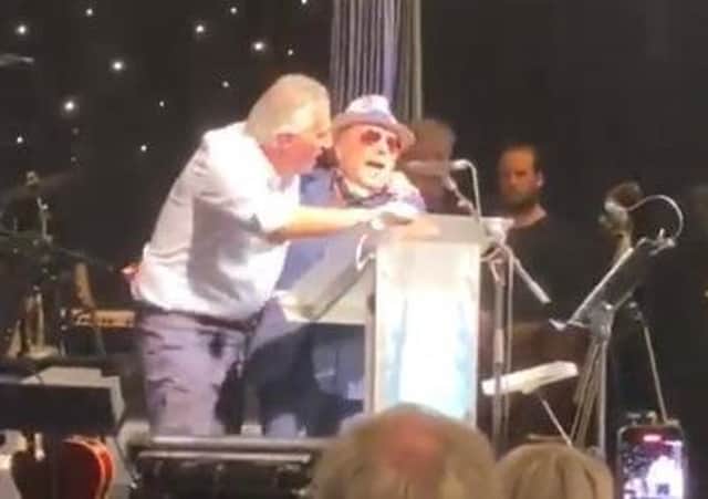 Ian Paisley MP joins the singer Van Morrison on stage in a chant against the health minister Robin Swann MLA at the Europa Hotel on Thursday June 10 2021. Screengrab from Stephen Nolan tweet of the clip, which is of unknown origin