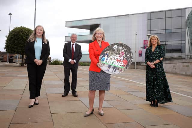 Pictured at the ICC Belfast Aine Kearney, Director of Business Support and Events, John McGrillen, Chief Executive of Tourism NI, Wendy Austin MBE and Judith Owens, Chief Executive of Titanic Belfast