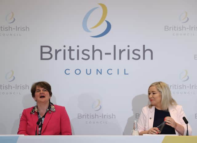 First Minister Arlene Foster and Deputy First Minister Michelle O'Neill at the British Irish Council summit in Lough Erne Resort in Enniskillen, Co Fermanagh on Friday where Mrs Foster sang. Photo credit: Liam McBurney/PA Wire
