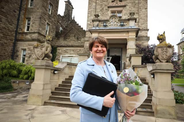 First Minister Arlene Foster pictured leaving Stormont Castle in Belfast for the last time before making her speech at Parliament Buildings