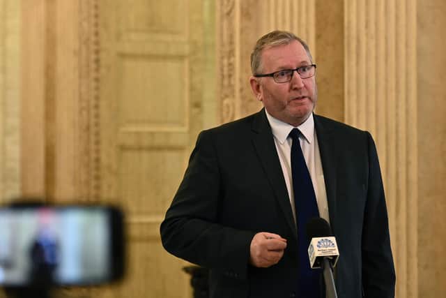 UUP leader Dough Beattie speaks to the media at Stormont on Monday , as Arlene Foster made her  final speech to the  NI Assembly as first minister.
Pic Colm Lenaghan/Pacemaker