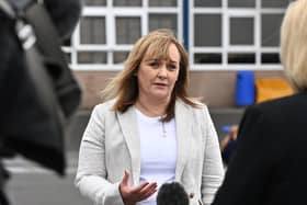 Education minister Michelle McIlveen at Ballysillan Primary School on her first official engagement, to present the Derrytrasna Pastoral Care Award
