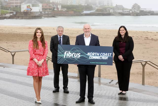 East Derry MLAs, Cara Hunter, Maurice Bradley and Claire Sugden join David Armstrong, Managing Director at Fibrus, to launch the arrival of the new, hyperfast full fibre network in Portrush