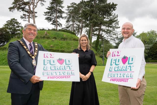 The Mayor of Antrim and Newtownabbey, Councillor Billy Webb, Castle Mall Centre Manager, Pamela Minford and Events & Operations Manager of Urban Events NI, Thomas Ferris, launch Antrim’s first ever Food & Craft Festival