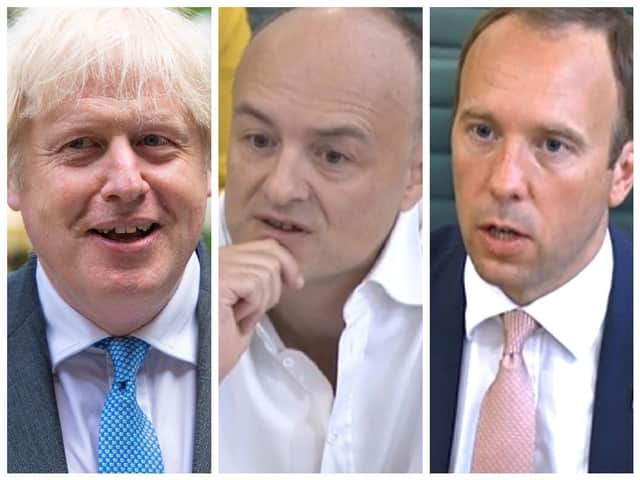 Left to right, Prime Minister Boris Johnson, Dominic Cummings and Health Secretary Matt Hancock.