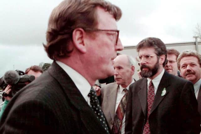 David Trimble and Sinn Fein just before 1998 Belfast Agreement. The Ulster Unionist failure to link delivery of decommissioning to prison releases destroyed that party