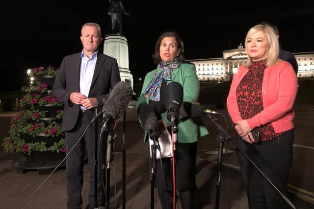 Mary Lou McDonald press conference beside Carson's statue on Stormont estate. She is flanked by party colleagues Michelle O'Neill and Conor Murphy. Picture: David Young/PA