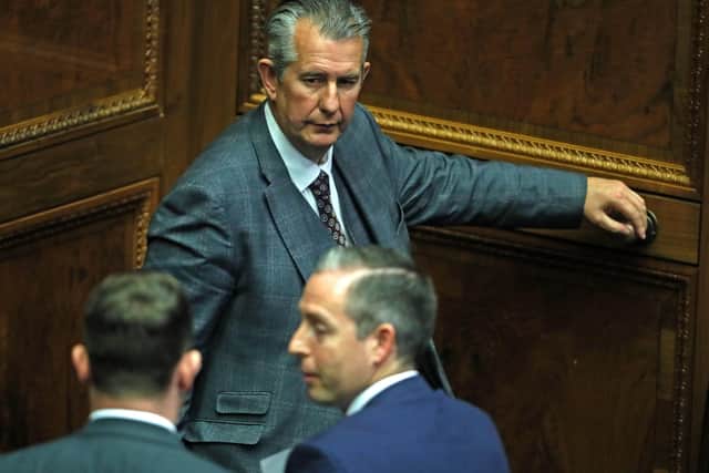 DUP leader Edwin Poots (top) leaving the Chamber after nominating Paul Givan (bottom right) as First Minister, in the Stormont Assembly in Parliament Buildings in Belfast. Picture date: Thursday June 17, 2021.