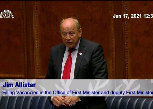 TUV leader Jim Allister speaking at Stormont on Thursday after Paul Givan was confirmed as First Minister