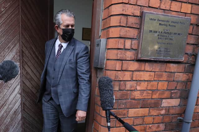Edwin Poots leaves the DUP headquarters in Belfast after he said he will stand down as the party leader following an internal party revolt against him. He was facing questions about his leadership future after a significant majority of the party's elected representatives opposed his decision to reconstitute the powersharing Executive with Sinn Fein. Picture date: Thursday June 17, 2021.