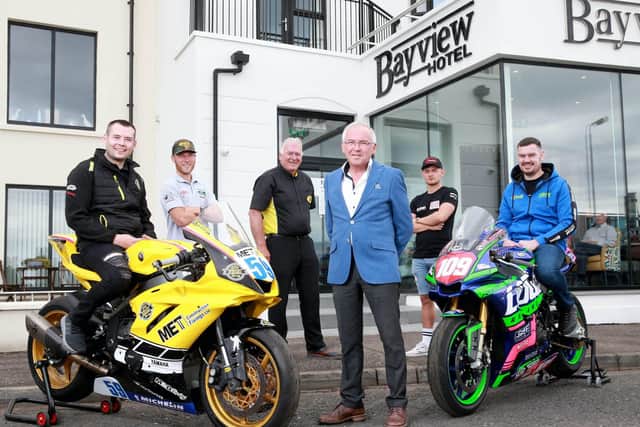 English road racers Davey Todd and Joey Thompson pictured alongside local riders Darryl Tweed and Neil Kernohan, Bill Kennedy, MBE, Clerk of Course and Trevor Kane, title sponsor, Armoy Road Races and owner of the Bayview Hotel, Portballintrae.