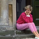 Diana, Princess of Wales, sitting on ohe steps outside her country home, Highgrove