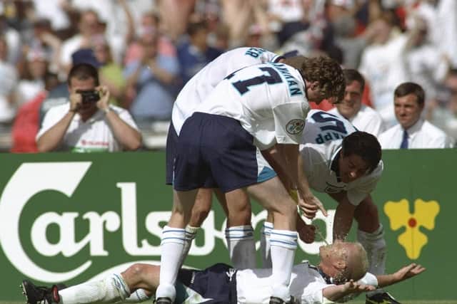Paul Gascoigne celebrates scoring for England against Scotland at EURO 96 in the 2-0 victory. Pic by Getty.