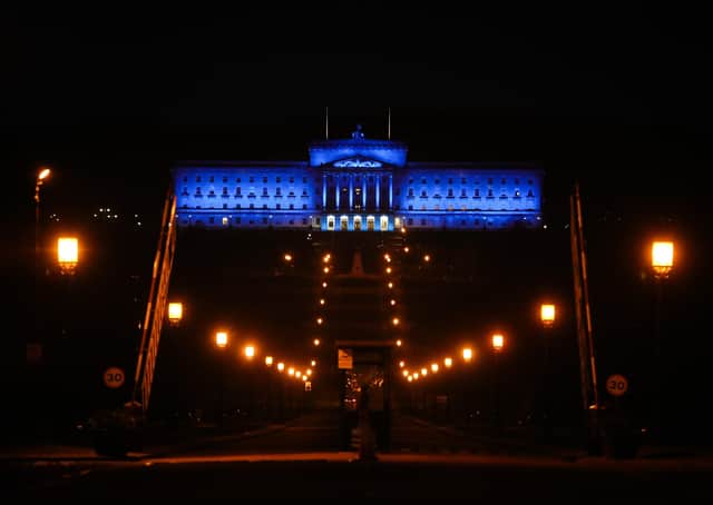 Stormont in Belfast was lit up in blue in support for key workers in April 2020.Photo by Kelvin Boyes / Press Eye.