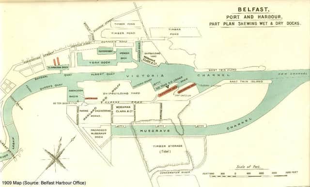 1909 map of Belfast Port showing Workman Clark’s yards on both sides of the Lagan