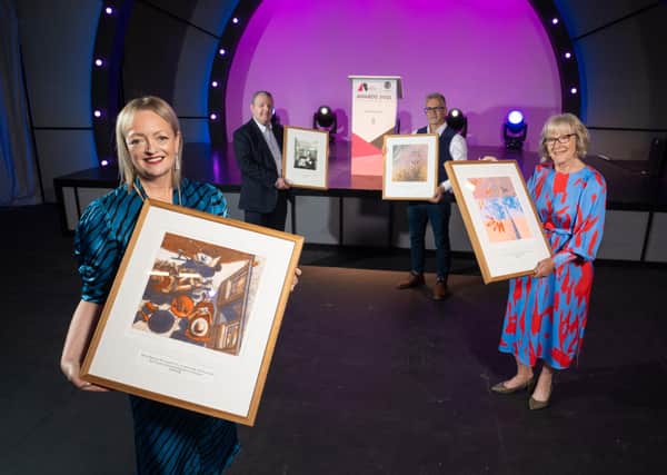 Mary Nagele, CEO of Arts & Business NI with Awards compère Dr Wendy Austin MBE, Martin Bradley MBE, Chair of the A&BNI Board and Lee Cutle, Centre Manager of Forestside, the principal Awards sponsor