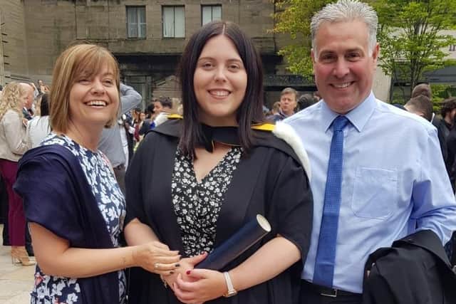 Danielle Williams pictured at her graduation with her parents Sarah and Paul Williams