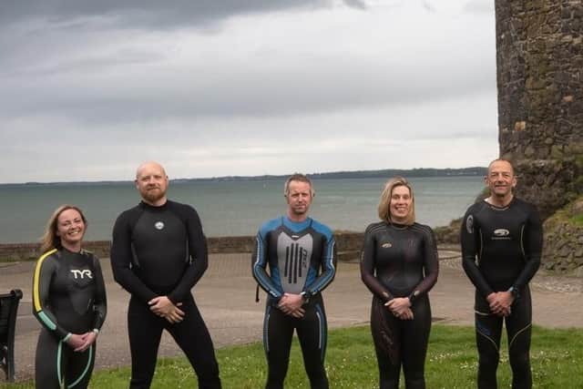 Belfast Lough Swim participants include Adele O’Neil, Gareth Rowan, Chris Kelly, Nichola Swann and Bobby Nicholson.
