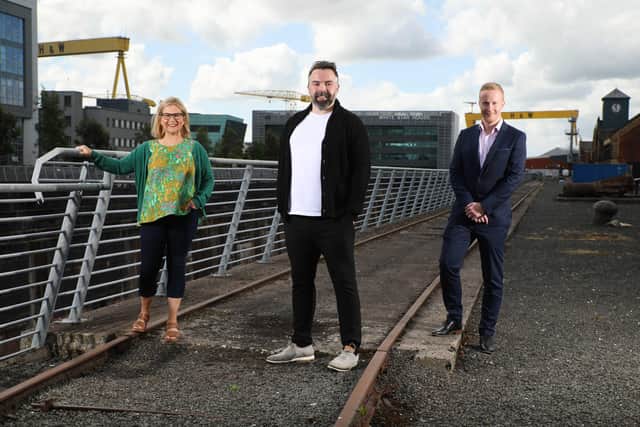 Catalyst in Belfast are Elaine Smyth, Director of Innovation Community at Catalyst, JP McCorley, co-founder of Ecko, one of the finalists in the INVENT 2021 competition, and Niall Devlin, Head of Business Banking NI at INVENT’s lead partner Bank of Ireland UK