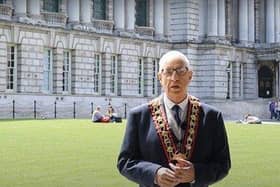Sovereign Grand Master Rev William Anderson launching the Centenary Circuit outside Belfast City Hall.