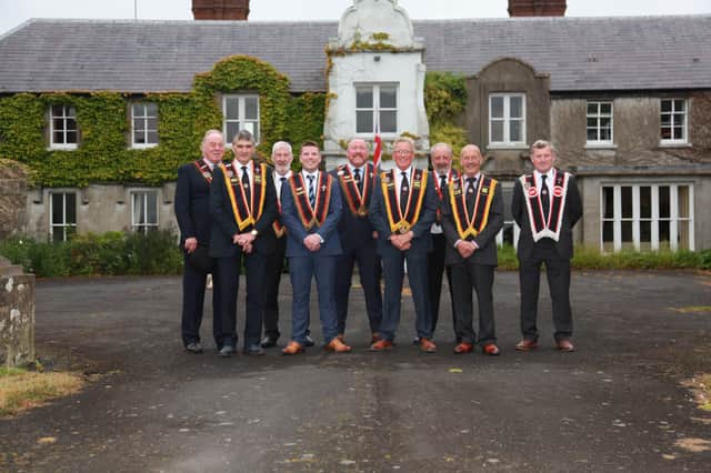The Scarva Sham Fight committee, and members of Sir Knight Alfred Buller Memorial RBP 1000, who will be laying a wreath at Scarva war memorial on the Thirteenth morning.