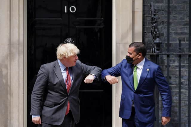 Prime Minister Boris Johnson greets Libyan Prime Minister Abdul Hamid Dbeibeh at 10 Downing Street in London, ahead of a bilateral meeting this week. Photo: Victoria Jones/PA Wire