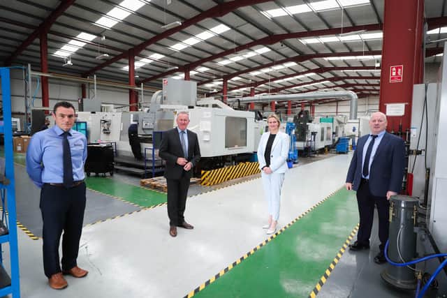 Finance Minister, Conor Murphy, Stephen Cromie, Owner and Founder of Exact Group,  Ronan Callan, General Manager of Exact Group with Mary Meehan, Deputy CEO of Manufacturing NI