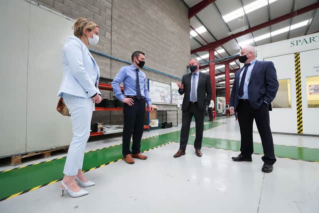 Finance Minister, Conor Murphy, Stephen Cromie, Owner and Founder of Exact Group, Ronan Callan, General Manager of Exact Group with Mary Meehan, Deputy CEO of Manufacturing NI
