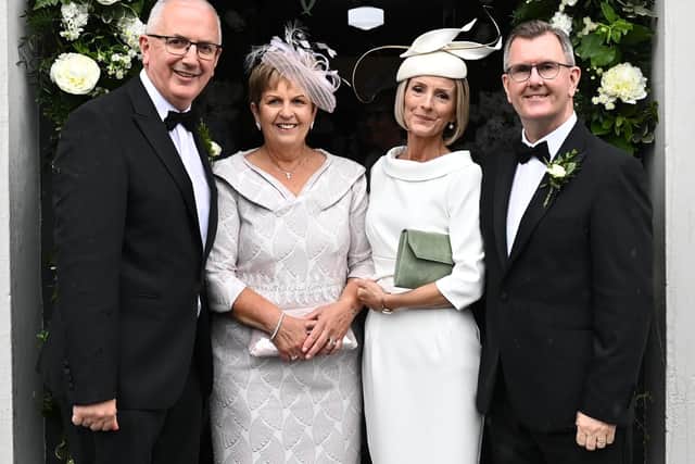Proud parents: Danny and Karen Kennedy with Eleanor and Jeffrey Donaldson and today's wedding. 
Pic by Colm Lenaghan/Pacemaker