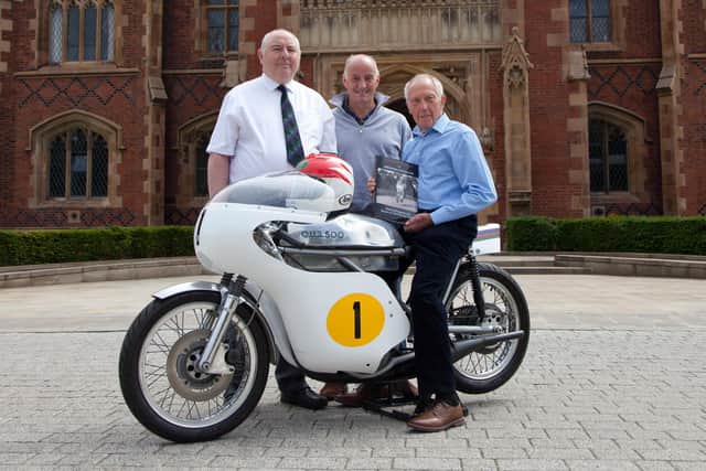 The QUB Mechanical Engineering team reunited, with Professor Robert Fleck and Doctor Robert Key pictured with Ray McCullough and the iconic QUB 500 which was designed and built at the University. Picture: Paul McClean.