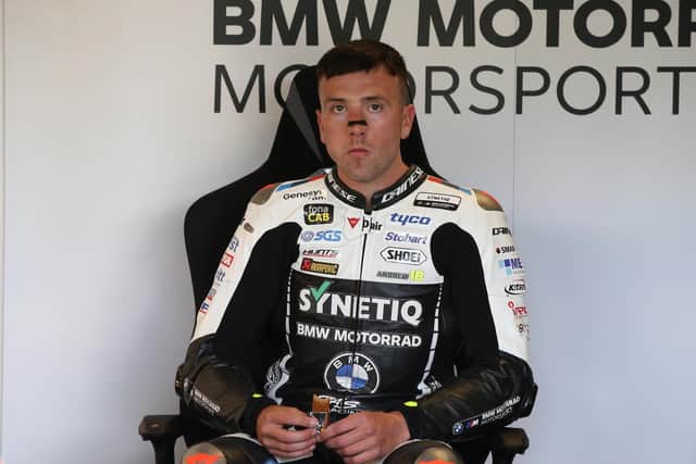 British Superbike rider Andrew Irwin crashed out of race one at Oulton Park on the SYNETIQ BMW. Picture: David Yeomans.