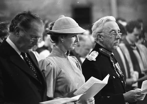 Princess Alexandra stands for hymn singing beside Secretary of State Humphrey Atkins, left, and the Lord Lieutenant for Belfast Lord Glentoran during the consecration service in St Anne's Cathedral in June 1981. Picture: Trevor Dickson/News Letter archives