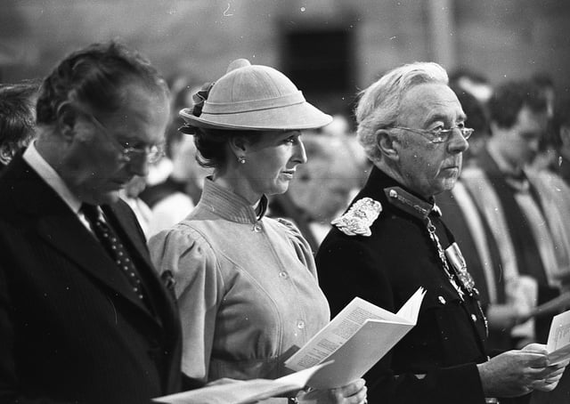 Princess Alexandra stands for hymn singing beside Secretary of State Humphrey Atkins, left, and the Lord Lieutenant for Belfast Lord Glentoran during the consecration service in St Anne's Cathedral in June 1981. Picture: Trevor Dickson/News Letter archives