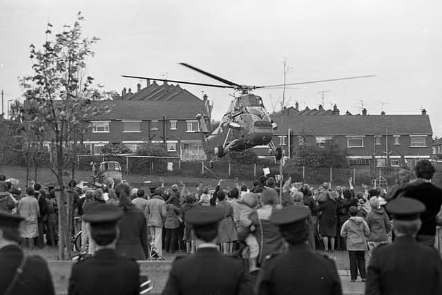 The Royal helicopter whisked Princess Alexandra from Clandeboye Road, Bangor, in June , after her visit to the Debretta factory in the town. Picture: Trevor Dickson/News Letter archives