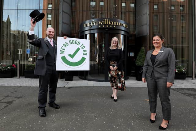 Philip Telford, Concierge at the Fitzwilliam Hotel in Belfast, Aine Kearney, Tourism NI’s Director of Business Support and Events and Lauren Hodson, Deputy General Manager of the Fitzwilliam Hotel Belfast