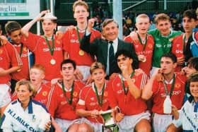 Manchester United players celebrate Milk Cup victory in 1991 - the English giant's first in the competition. Pic courtesy of SuperCupNI.