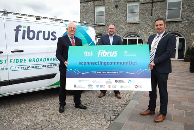 DCMS Project Director Billy McClean, Fibrus Chief Executive Dominic Kearns and Deputy Mayor of Derry City and Strabane District Council, Councillor Christopher Jackson